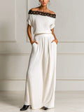 Chic Elegant White Off The Shoulder Contrast Lace Details Loose-Fit Top And Elastic Waist Maxi Skirt Ribbed Knit Two-Piece Set