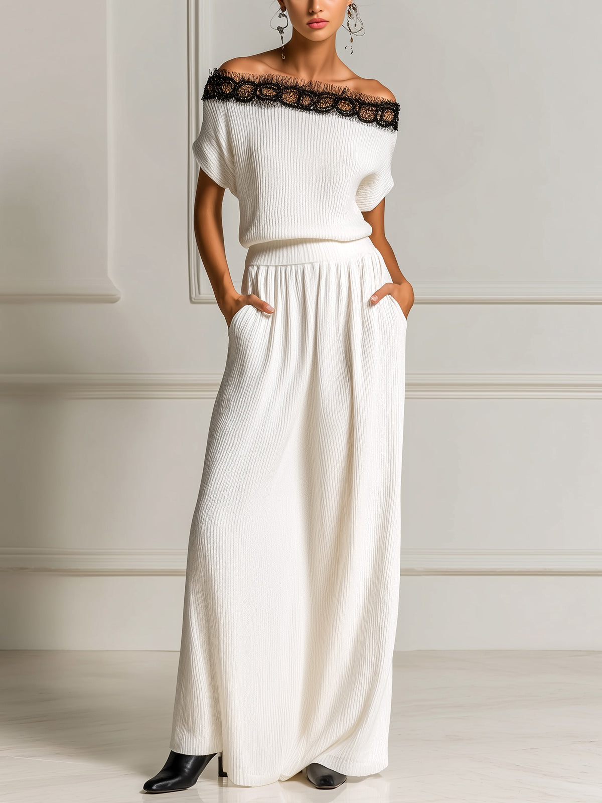 Chic Elegant White Off The Shoulder Contrast Lace Details Loose-Fit Top And Elastic Waist Maxi Skirt Ribbed Knit Two-Piece Set