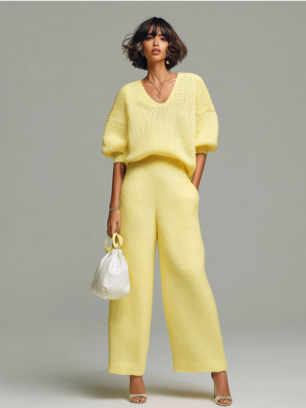 Chic Casual Yellow V-Neck Short-Sleeve Loose-Fit Top Wide-Leg Pants Ribbed Knit Two-Piece Set