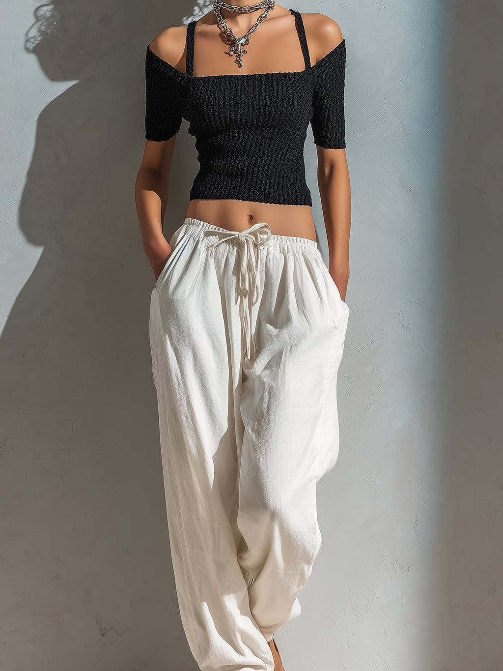 Chic Elegant Black Strappy Off-The-Shoulder Short-Sleeve Slim-Fit Knit Top White Cotton Linen Blend Drawstring-Waist Wide-Leg Pants Two-Piece Set