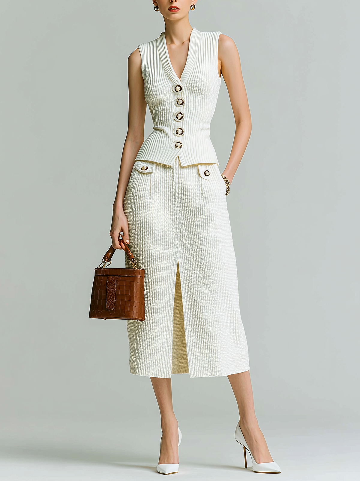 Stylish  Elegant Beige Deep V-neck Button-up Slim-fit Ribbed Vest Paired With A Front-slit Knit Midi Dress Two-piece Set