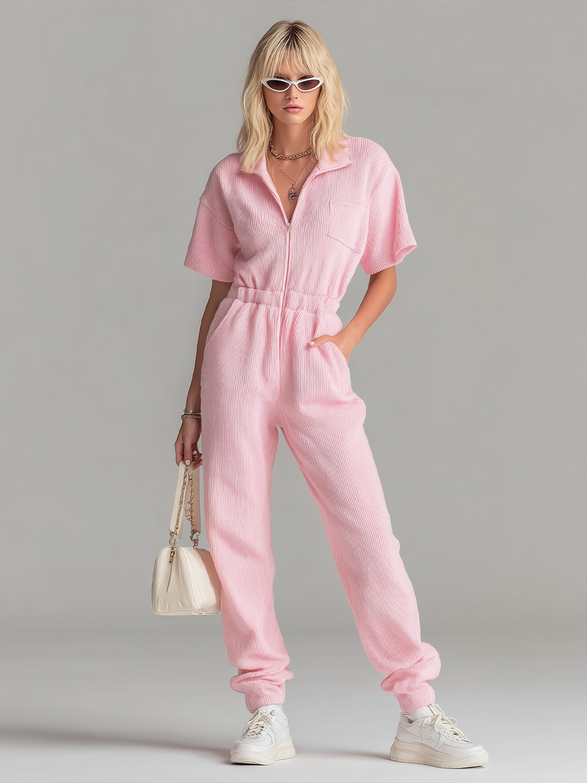 Chic Elegant Pink Zipper-Up Lapel Collar Short-Sleeve Elastic-Waist Ribbed Knit Jumpsuit