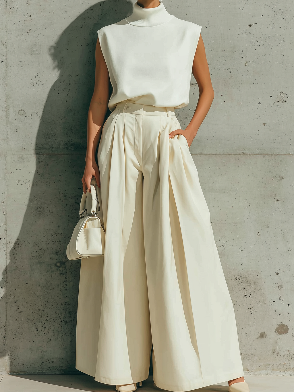 Stylish Elegant White Turtleneck Sleeveless Loose-Fit Knit Vest Top Beige High-Waist Wide-Leg Pants Teo-Piece Set