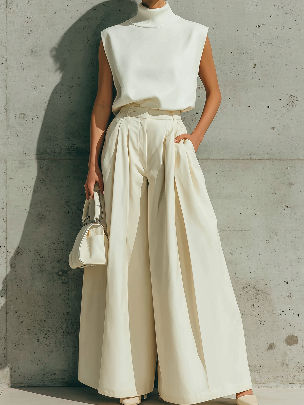 Stylish Elegant White Turtleneck Sleeveless Loose-Fit Knit Vest Top Beige High-Waist Wide-Leg Pants Teo-Piece Set