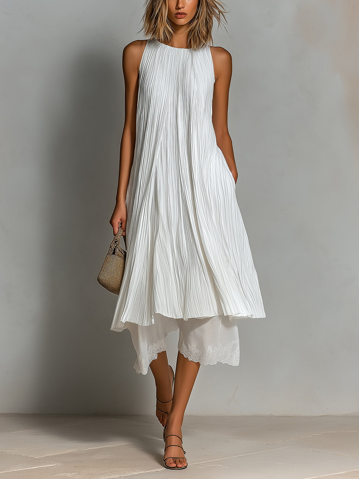 Chic Elegant White Pleated Round-Neck Sleeveless A-Line Long Top Cotton-Linen Lace Trim Detail Cropped Pants Two-Piece Set