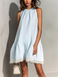 Chic Elegant Light Blue Stripes Cotton Blend Round-Neck Sleeveless Lace Trim Detail Loose-Fit A-Line Mini Dress