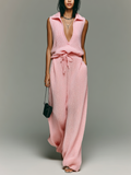 Chic Elegant Pink Lapel V-Neck Loose Vest Drawstring Waist Wide-Leg Pants Ribbed Knit Two-Piece Set