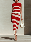 Chic Elegant Red-Beige Striped Crew Neck Sleeveless Loose Vest Front Slit Skirt Ribbed Knit Two-Piece Set