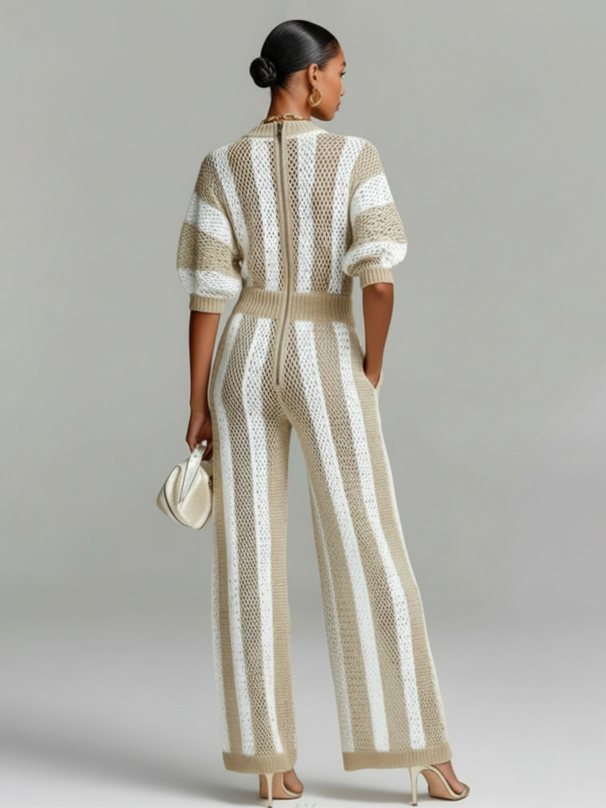 Stylish Elegant White-Beige Striped Mesh V-neck Short-Sleeve Loose-Fit Wide-Leg Ribbed Knit Jumpsuit