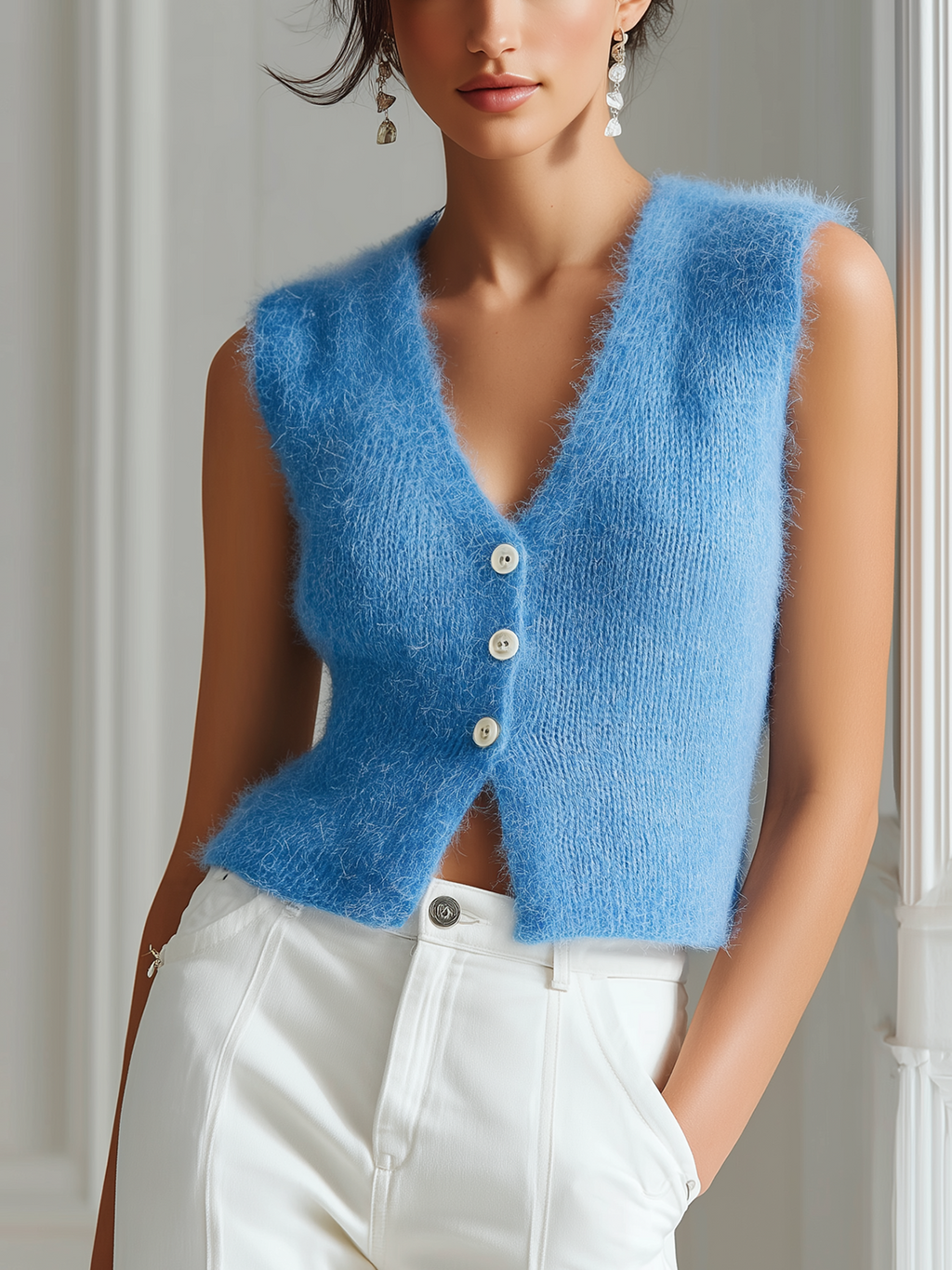 Chic Casual V-Neck Single-Breasted Sleeveless Fit Fuzzy Mohair Knit Vest