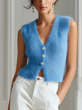 Chic Casual V-Neck Single-Breasted Sleeveless Fit Fuzzy Mohair Knit Vest