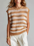Chic Casual White -Camel Striped Crew Neck Sleeveless Loose-Fit Knit Vest Top