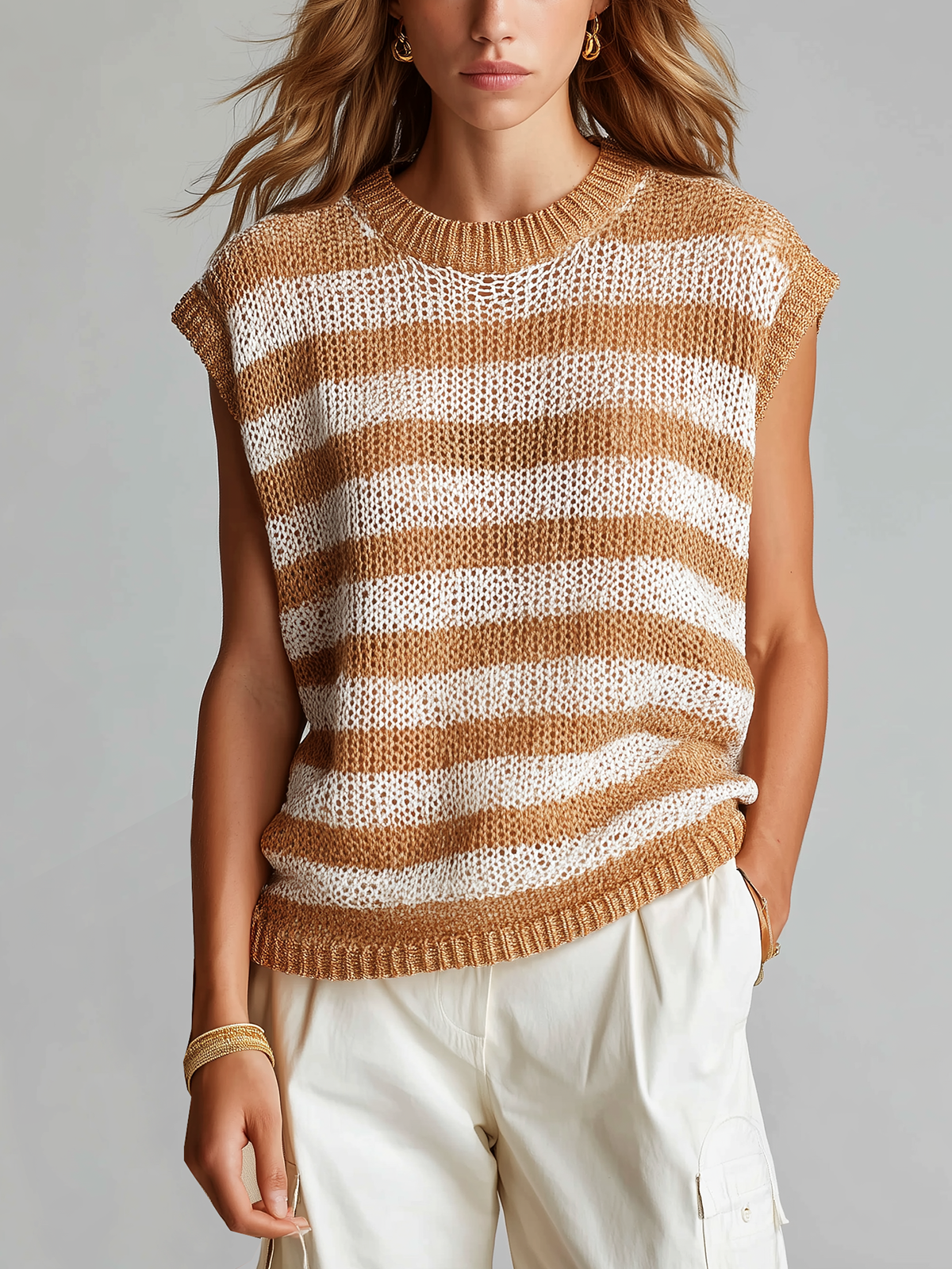 Chic Casual White -Camel Striped Crew Neck Sleeveless Loose-Fit Knit Vest Top