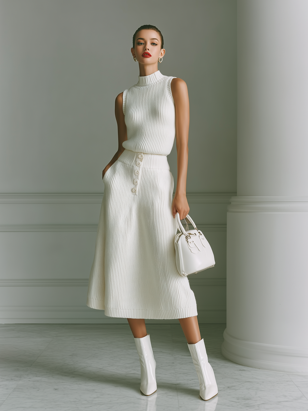 Chic Elegant White Mock Neck Sleeveless Oversize Sweater Top And A-Line Button Patch Pocket Midi Skirt Knit Two-Piece Set