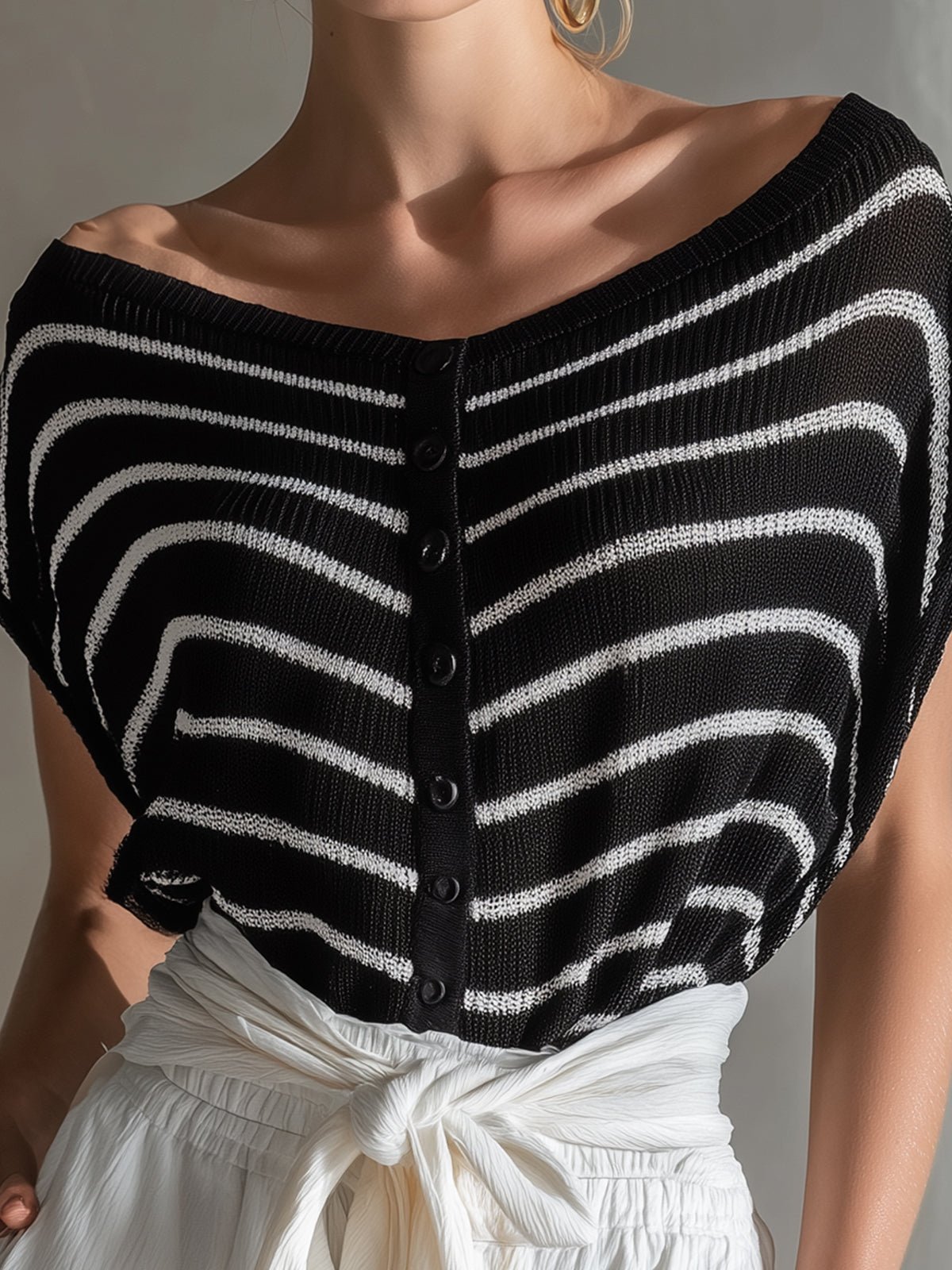 Chic Elegant Black-White Striped Boat-Neck Loose-Fit Button-Front Short-Sleeve Knit Sweater
