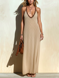 Chic Elegant Camel Colorblock Halter V-Neck Sleeveless Loose A-Line Ribbed Knit Maxi Dress