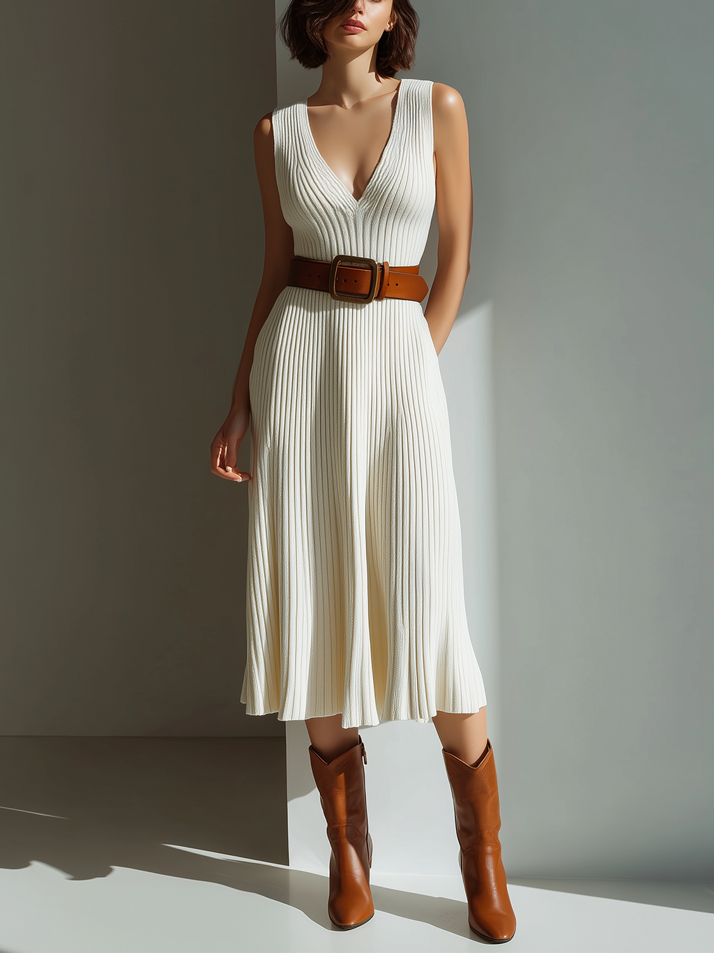Chic Casual White Deep V-Neck Sleeveless Belted Slim-Fit Ribbed Knit Midi Dress