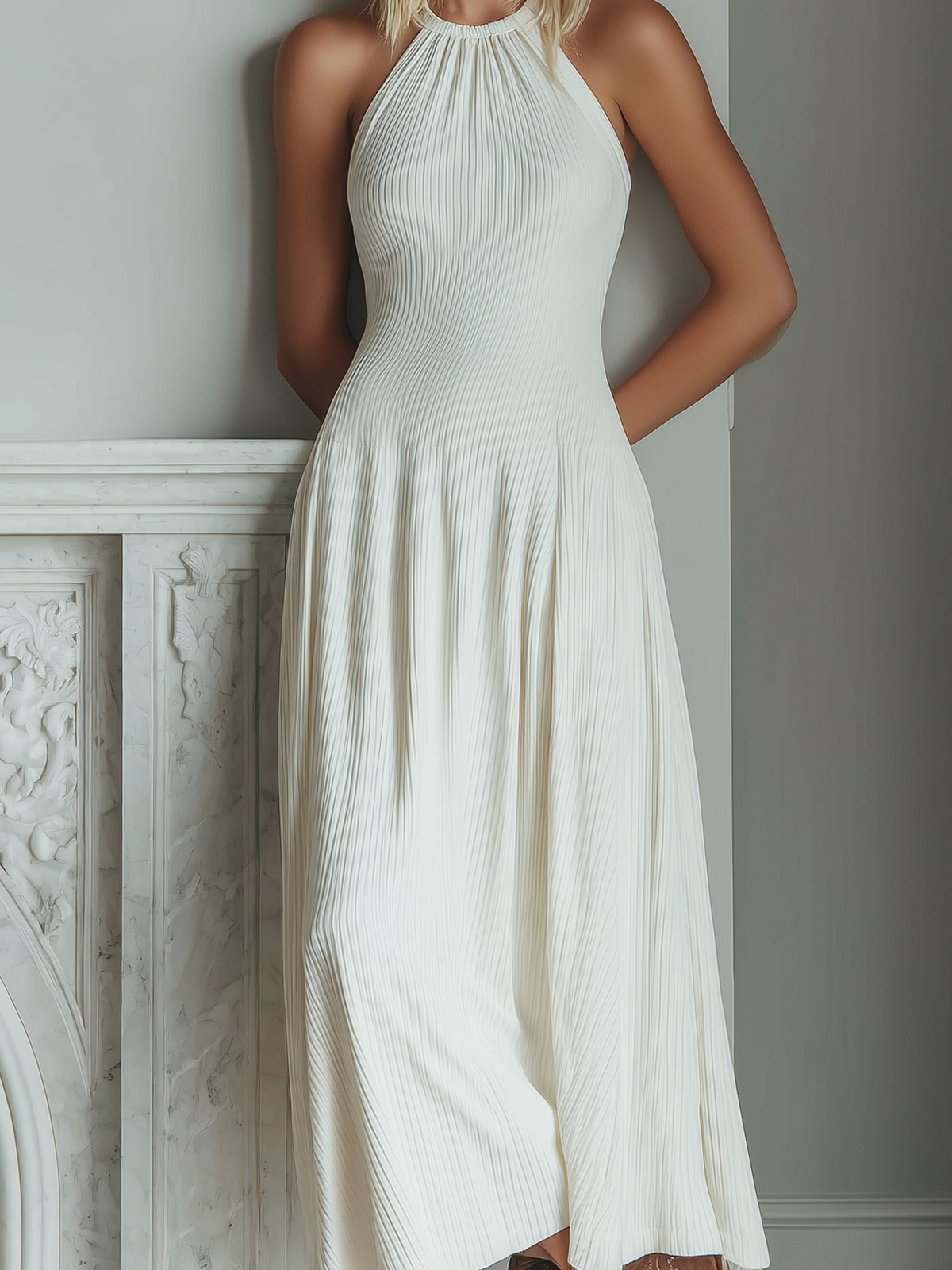 Chic Vintage White Round Neck Shirring Sleeveless Tailored Wais Knit Maxi Dress
