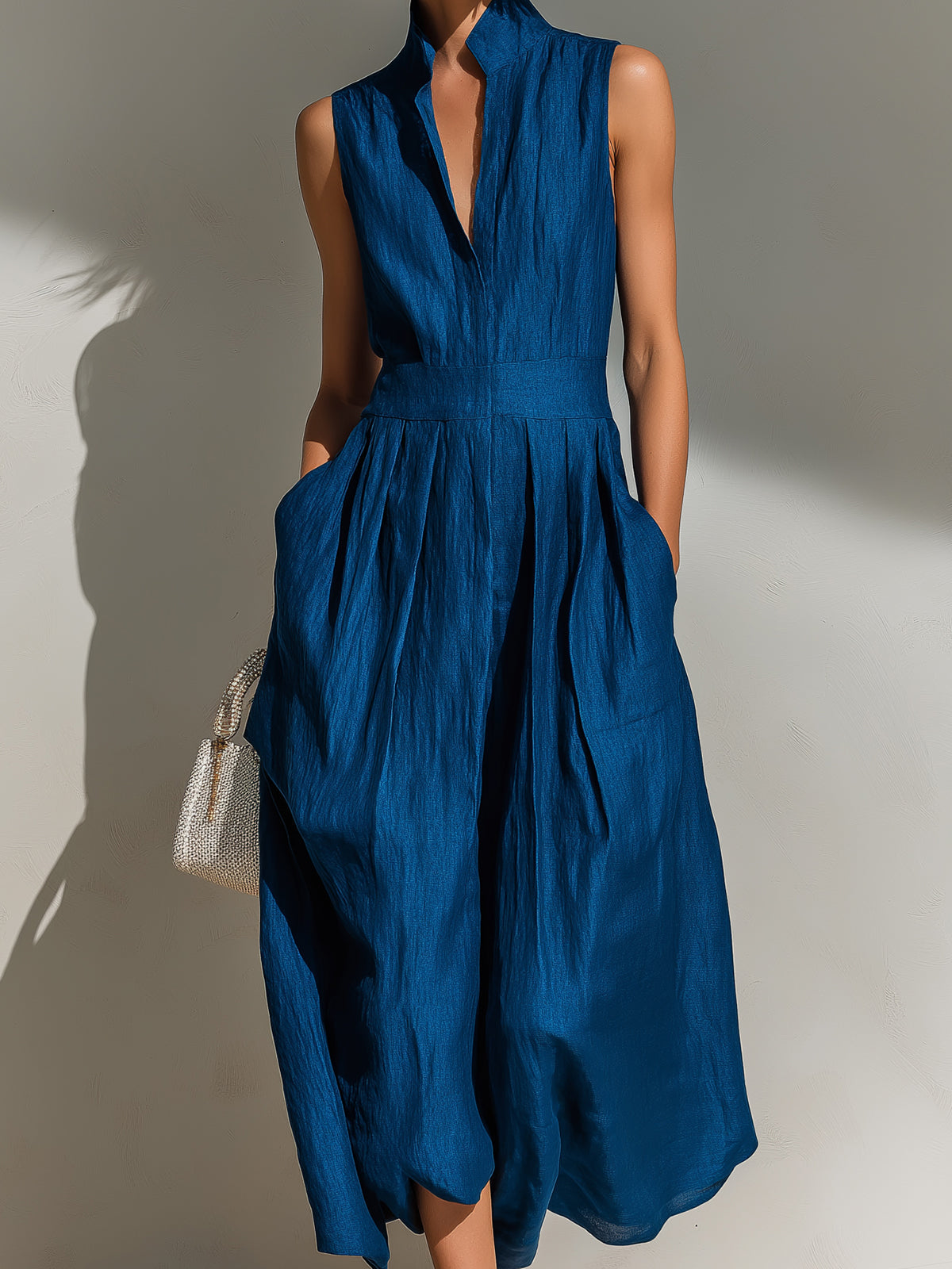 Chic Elegant Royal Blue Cotton Linen Blend Stand-Collar V-Neck Sleeveless Tailored-Waist Maxi Dress