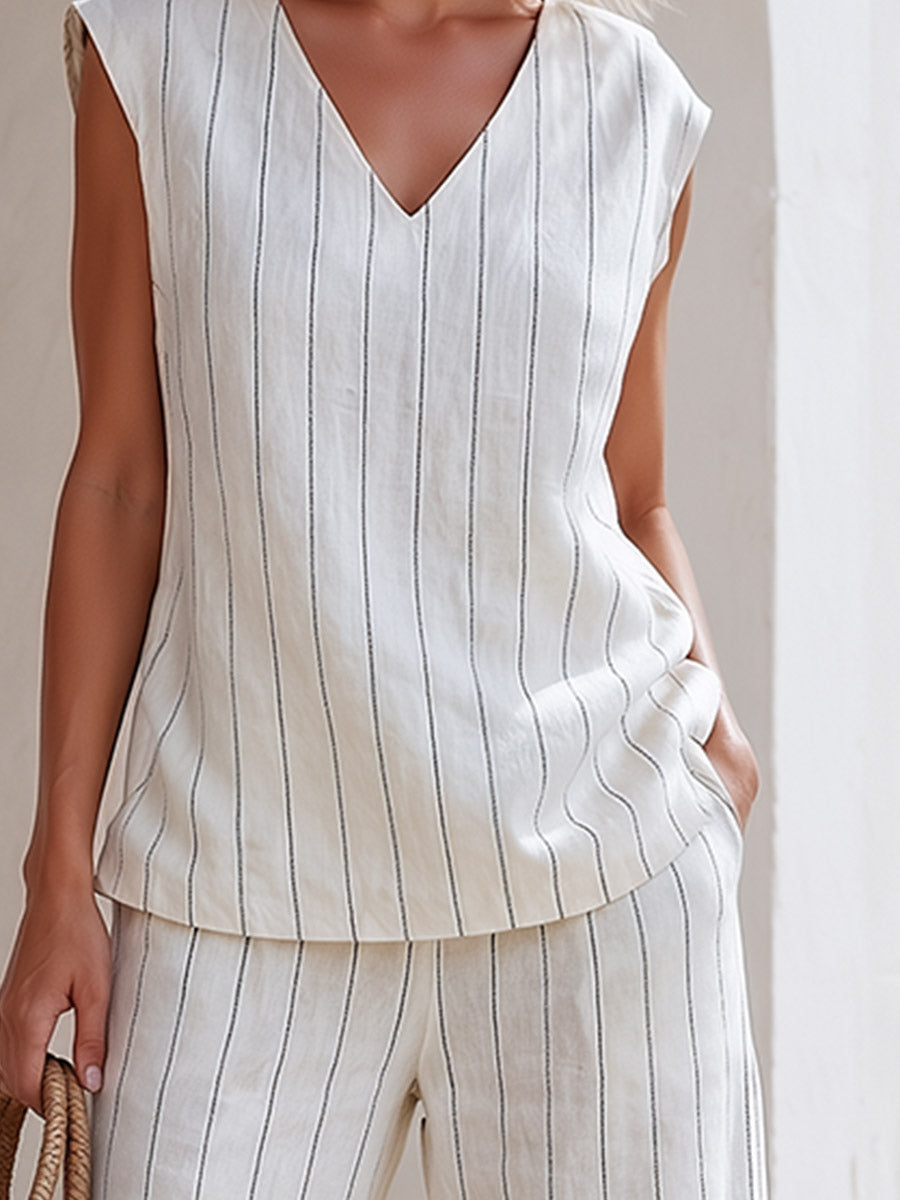 Classic Striped White Cotton Sleeveless Top And Wide-leg Pants Set