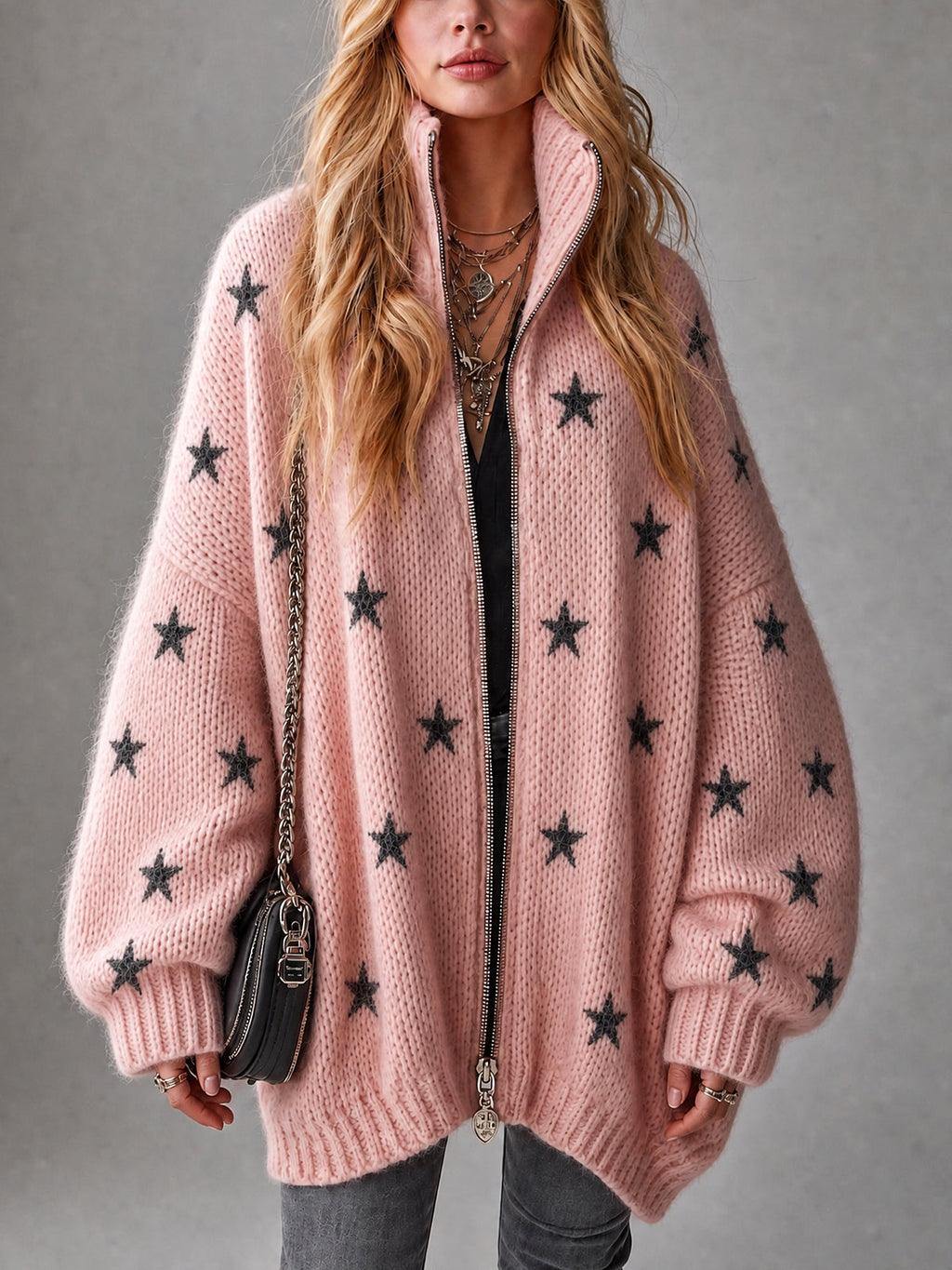 Chic Casual Pink-Black Stars Jacquard Stand Collar Long-Sleeve Zipper-Front Oversized Wool Blend Knit Cardigan