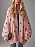 Chic Casual Pink-Black Stars Jacquard Stand Collar Long-Sleeve Zipper-Front Oversized Wool Blend Knit Cardigan