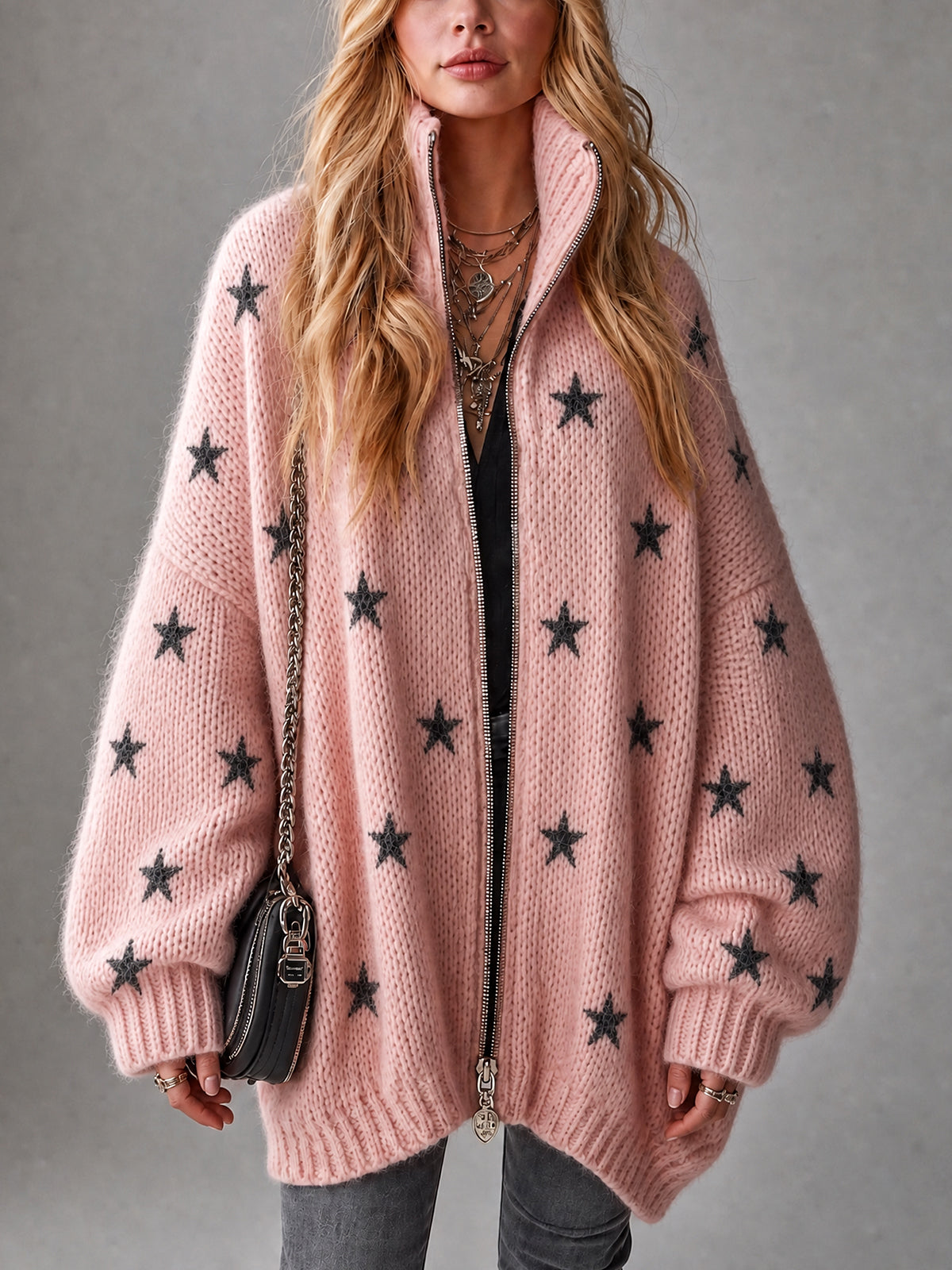 Chic Casual Pink-Black Stars Jacquard Stand Collar Long-Sleeve Zipper-Front Oversized Wool Blend Knit Cardigan