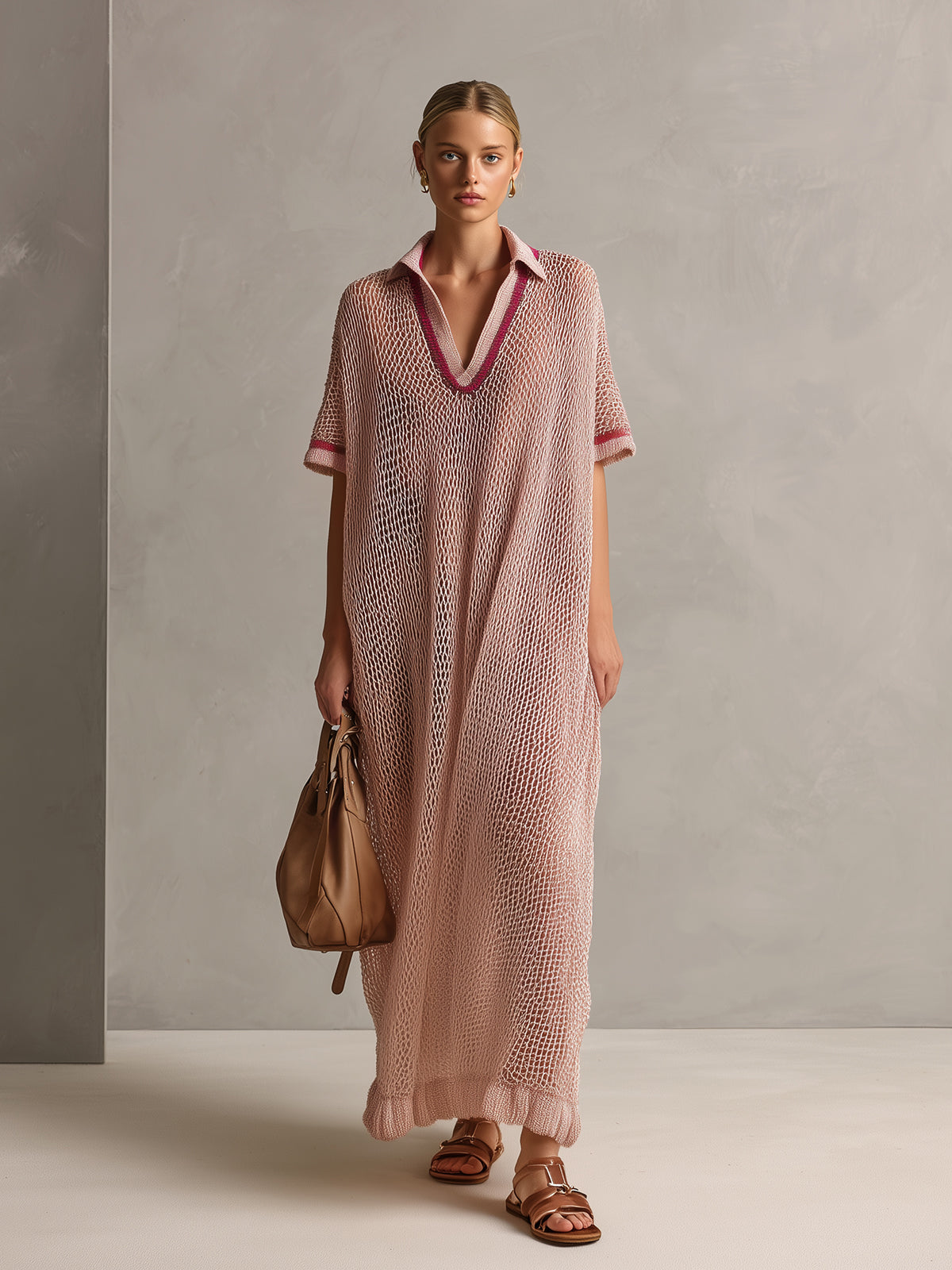 Chic Elegant Pink Lapel V-Neck Short-Sleeve Contrast Trim Detail Hollow Out Oversize Knit Maxi Dress