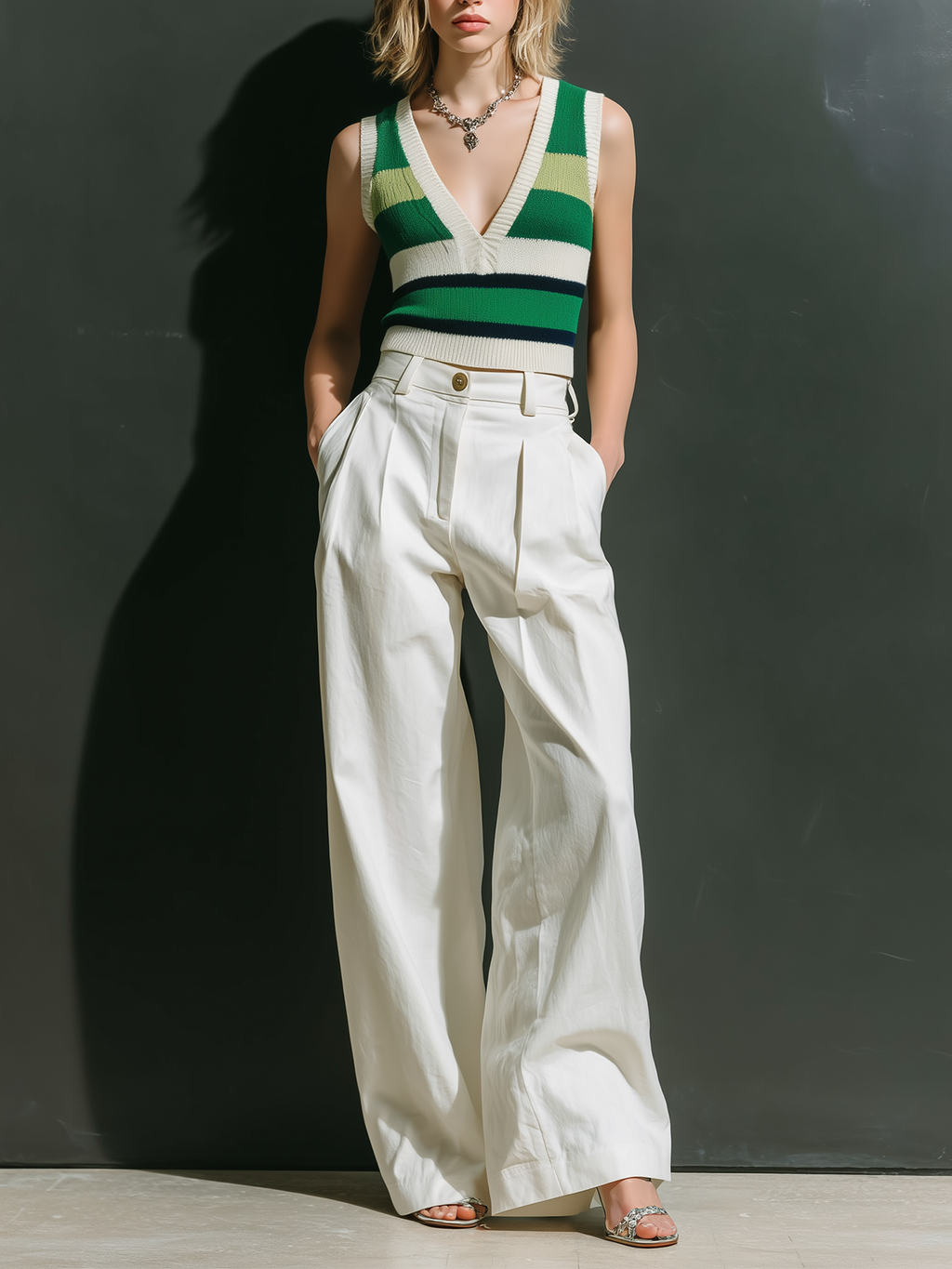 Chic Casual Green-White V-Neck Sleeveless Slim-Fit Vest White Cotton-Linen Blend Wide-Leg Pants Two-Piece Set