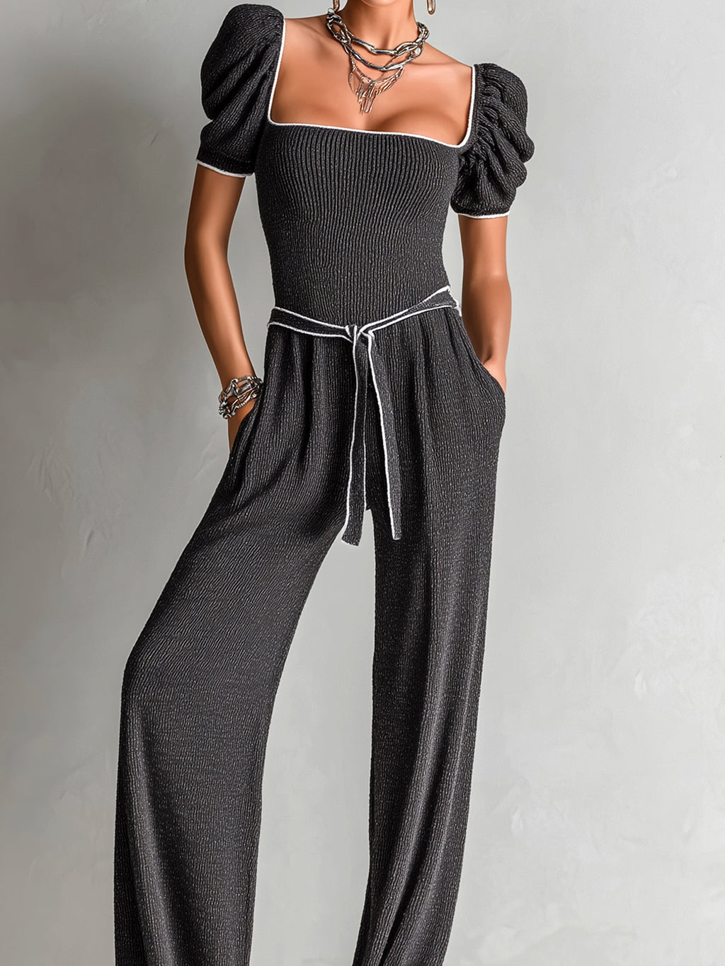 Chic Elegant Gray Square Neck Short Puff Sleeve Contrast Trim Detail Belted Wide Leg Ribbed Knit Jumpsuit