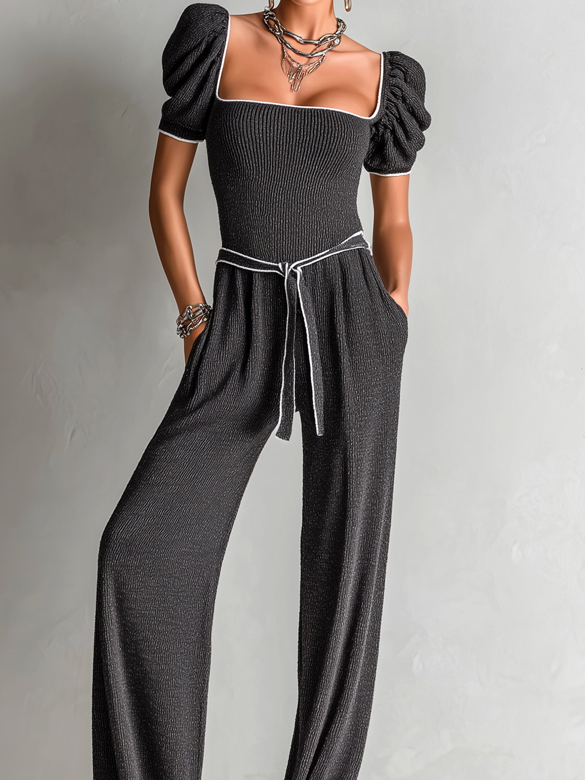 Chic Elegant Gray Square Neck Short Puff Sleeve Contrast Trim Detail Belted Wide Leg Ribbed Knit Jumpsuit