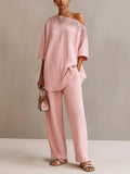 Chic Elegant Pink One-Shoulder Short-Sleeve Lace Detail Oversize Sweater And Relaxed-Fit Ribbed Knit Pants Two-Piece Set