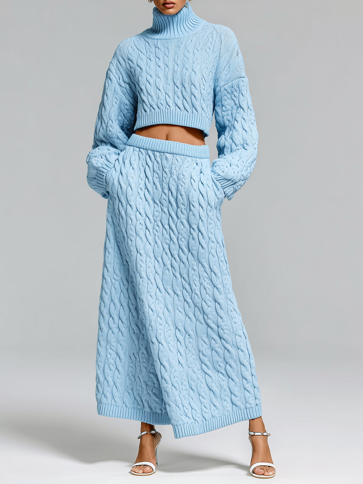 Chic Vintage Baby Blue Turtle Neck Oversized Long-sleeve Mini Sweater A-Line Skirt Cable-Knit Two-piece Set