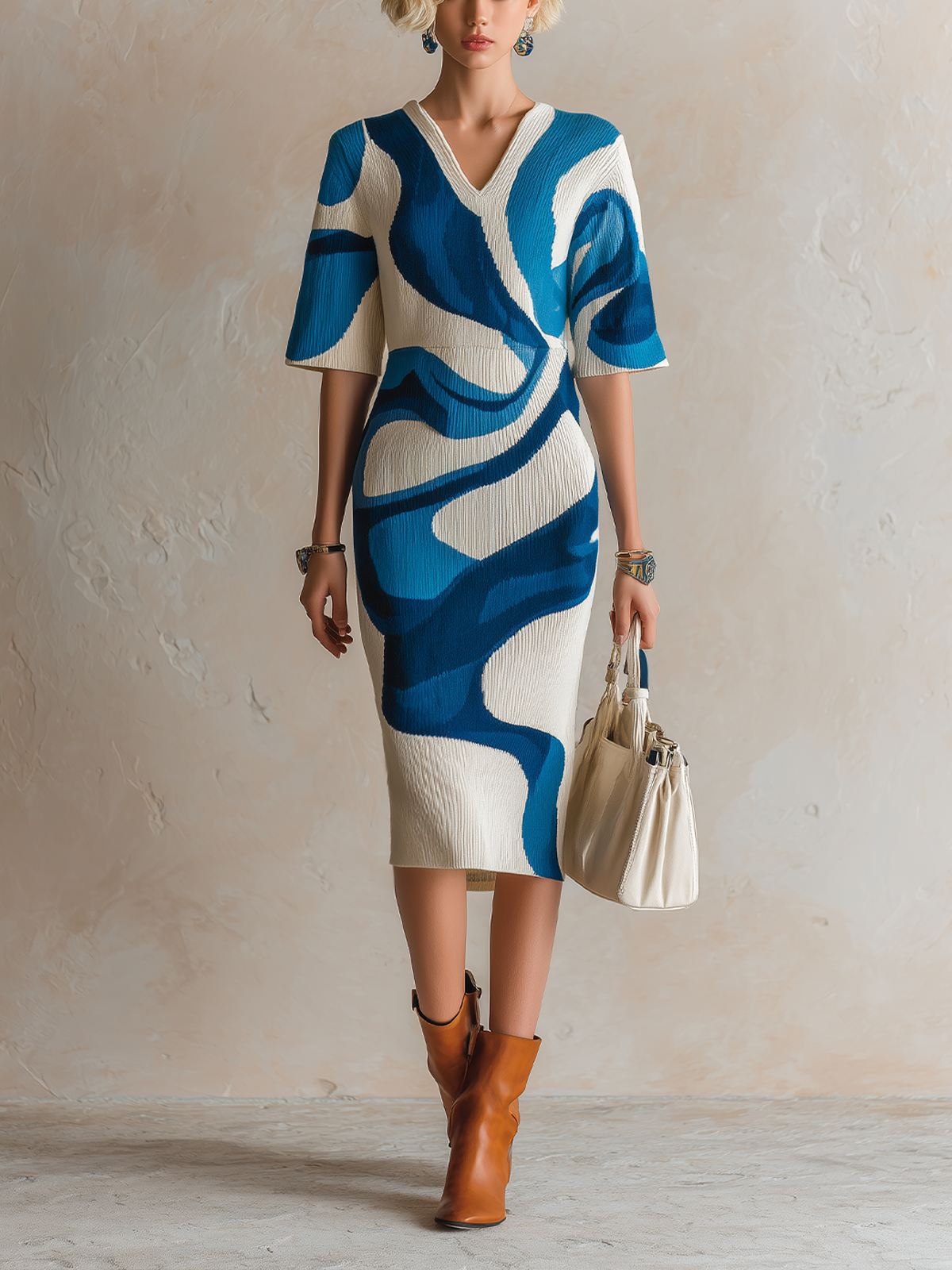 Chic Elegant White-Blue Colorblock Jacquard V-Neck Short-Sleeve Tailored-Waist Knit Midi Dress