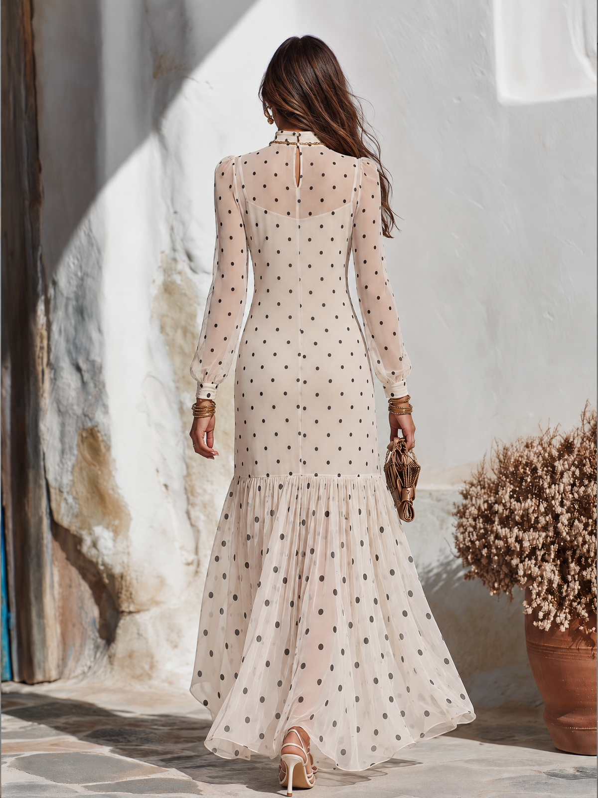 Resort-style Long-sleeved Polka Dot High Neckline Chiffon Dress