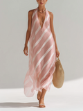 Chic Elegant Pink White Color-Blocked Halter V-Neck Sleeveless Loose A-Line Chiffon Maxi Dress