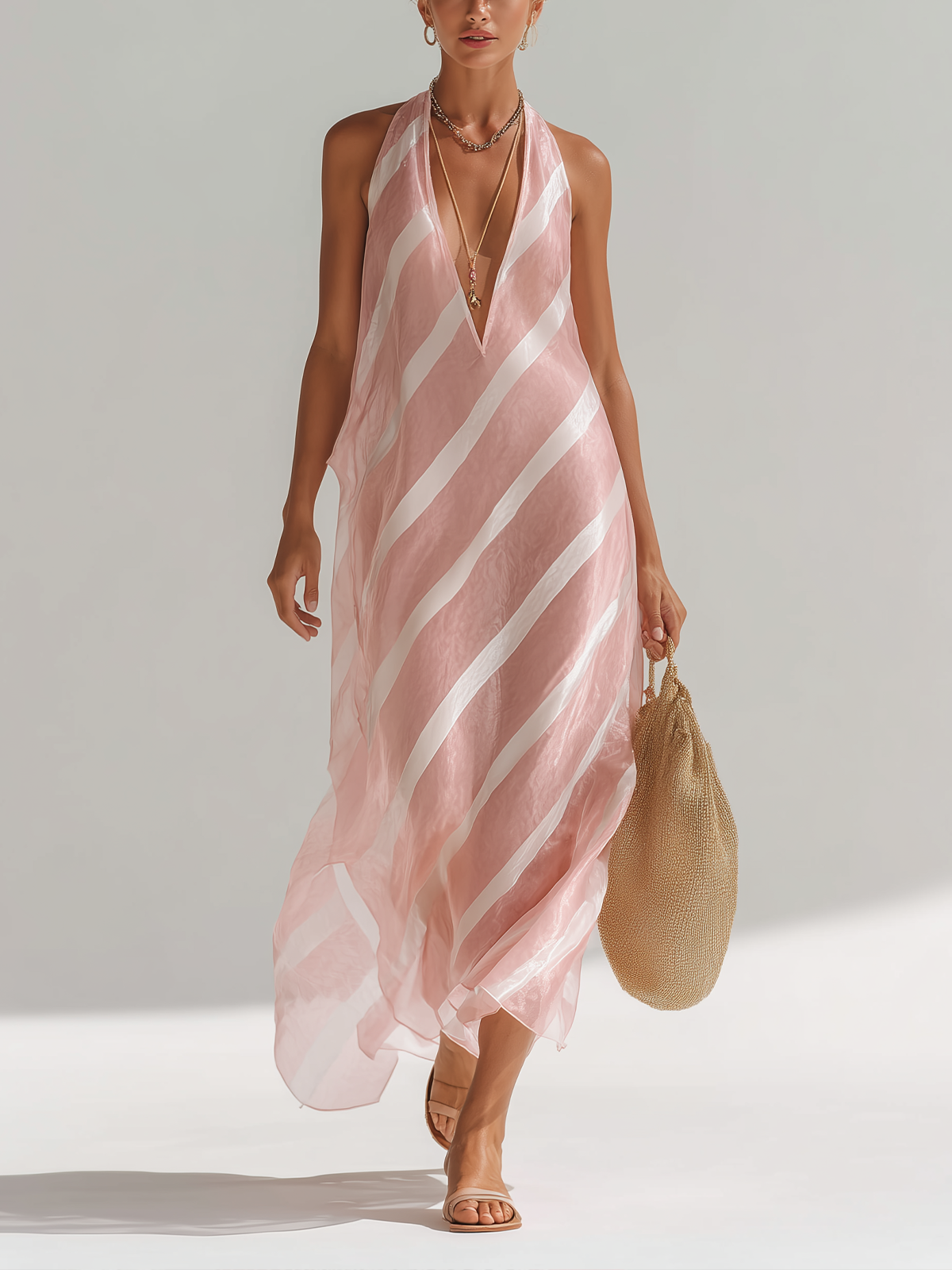 Chic Elegant Pink White Color-Blocked Halter V-Neck Sleeveless Loose A-Line Chiffon Maxi Dress