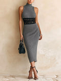 Chic Elegant Gray Mock-Neck Sleeveless Lace Waist Detail Slim-Fit Ribbed Knit Midi Dress
