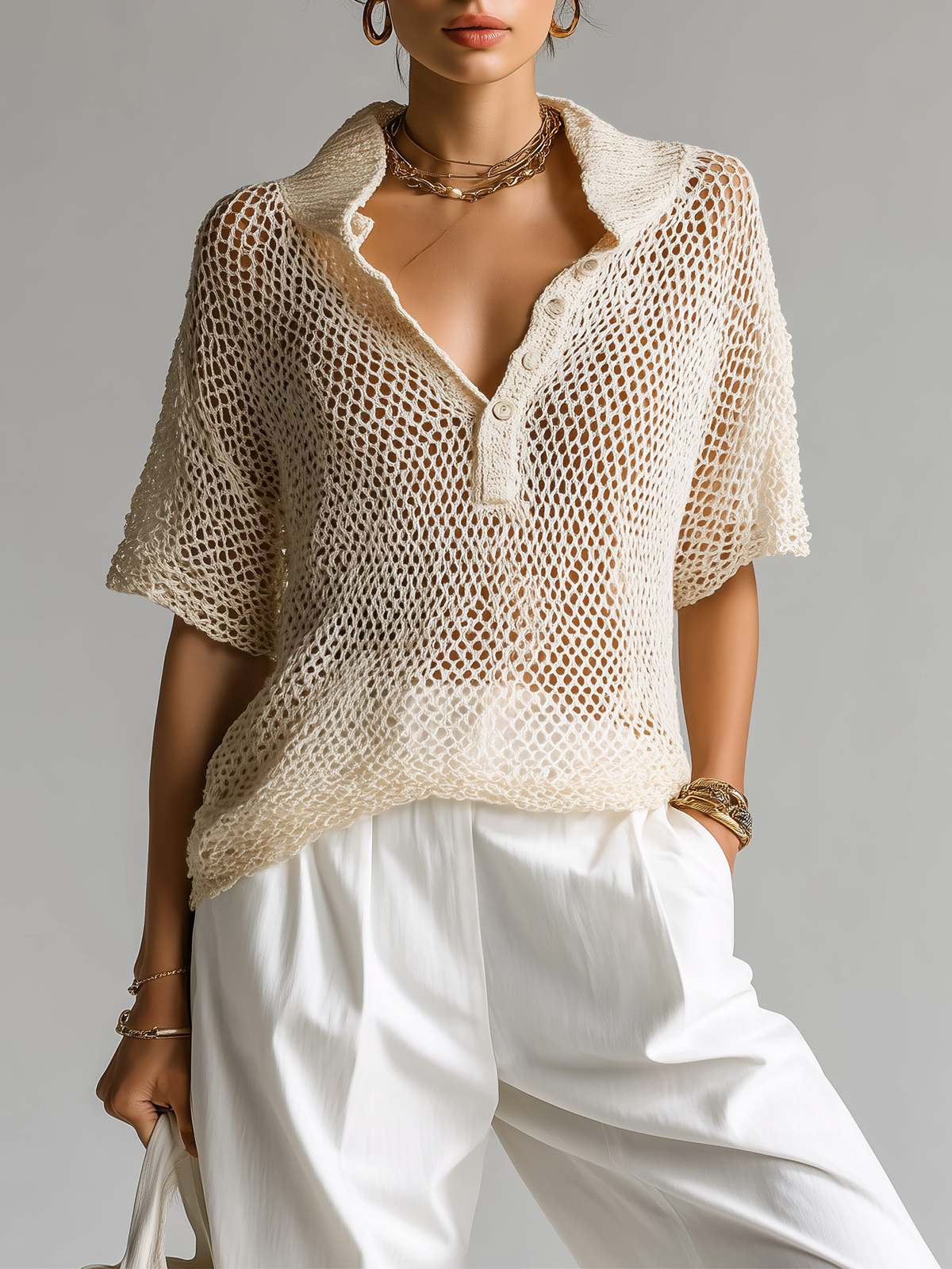 Fashion Casual Beige Lapel Button Mesh Short-Sleeve Loose Knit Sweater Top