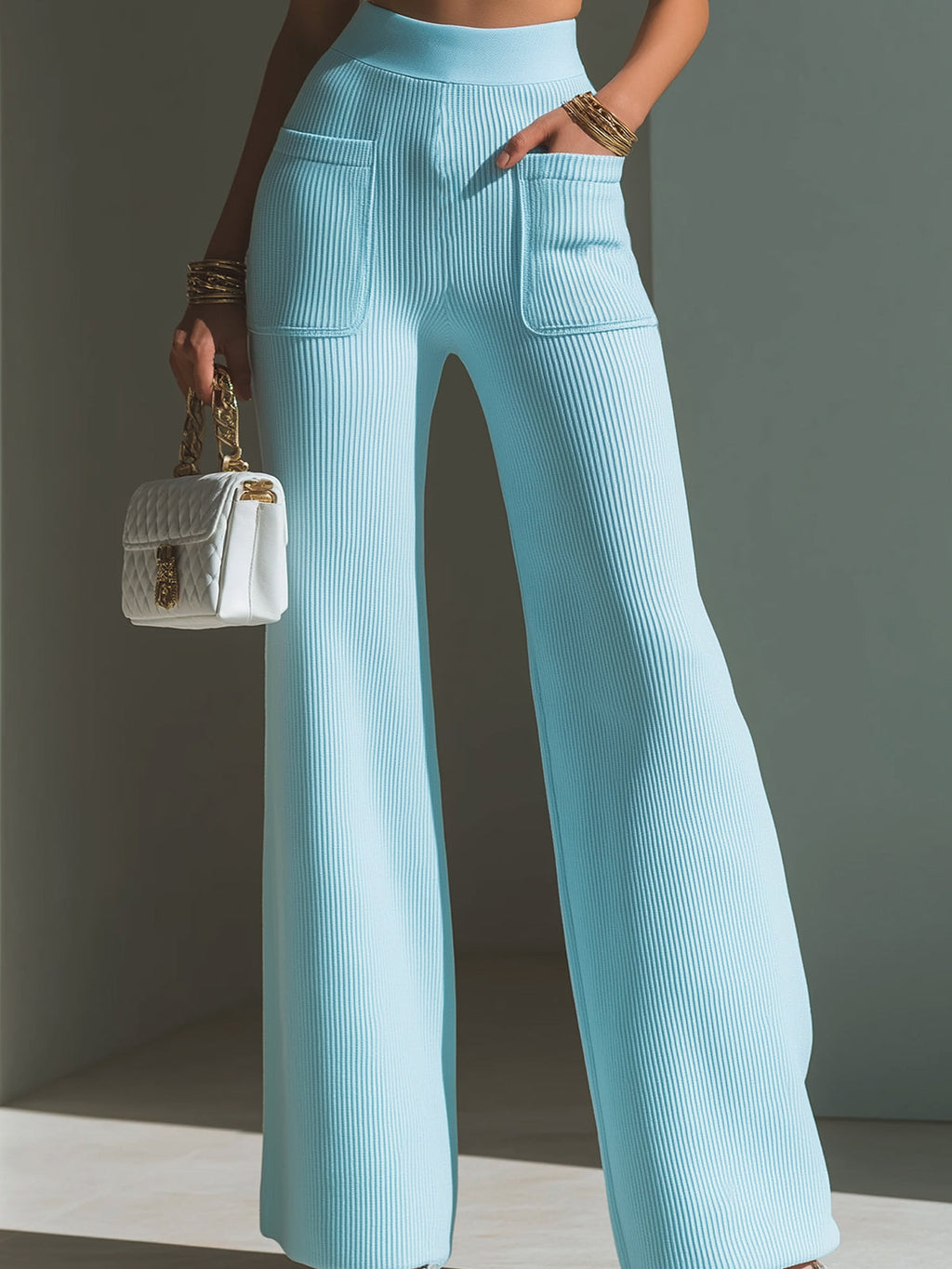 Chic Elegant Baby Blue High Waist Patch Pocket Details Ribbed Knit Wide-Leg Pants
