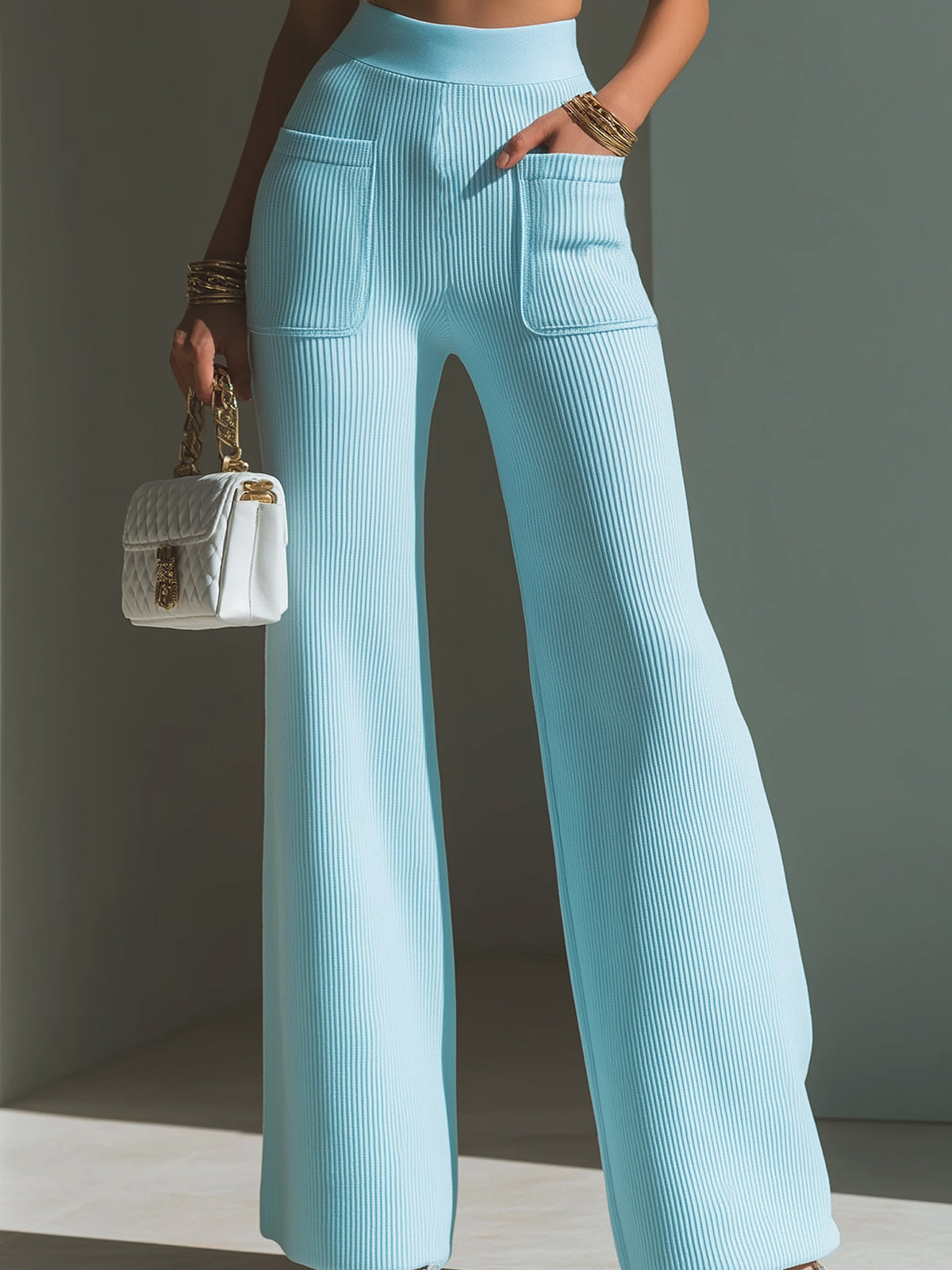 Chic Elegant Baby Blue High Waist Patch Pocket Details Ribbed Knit Wide-Leg Pants