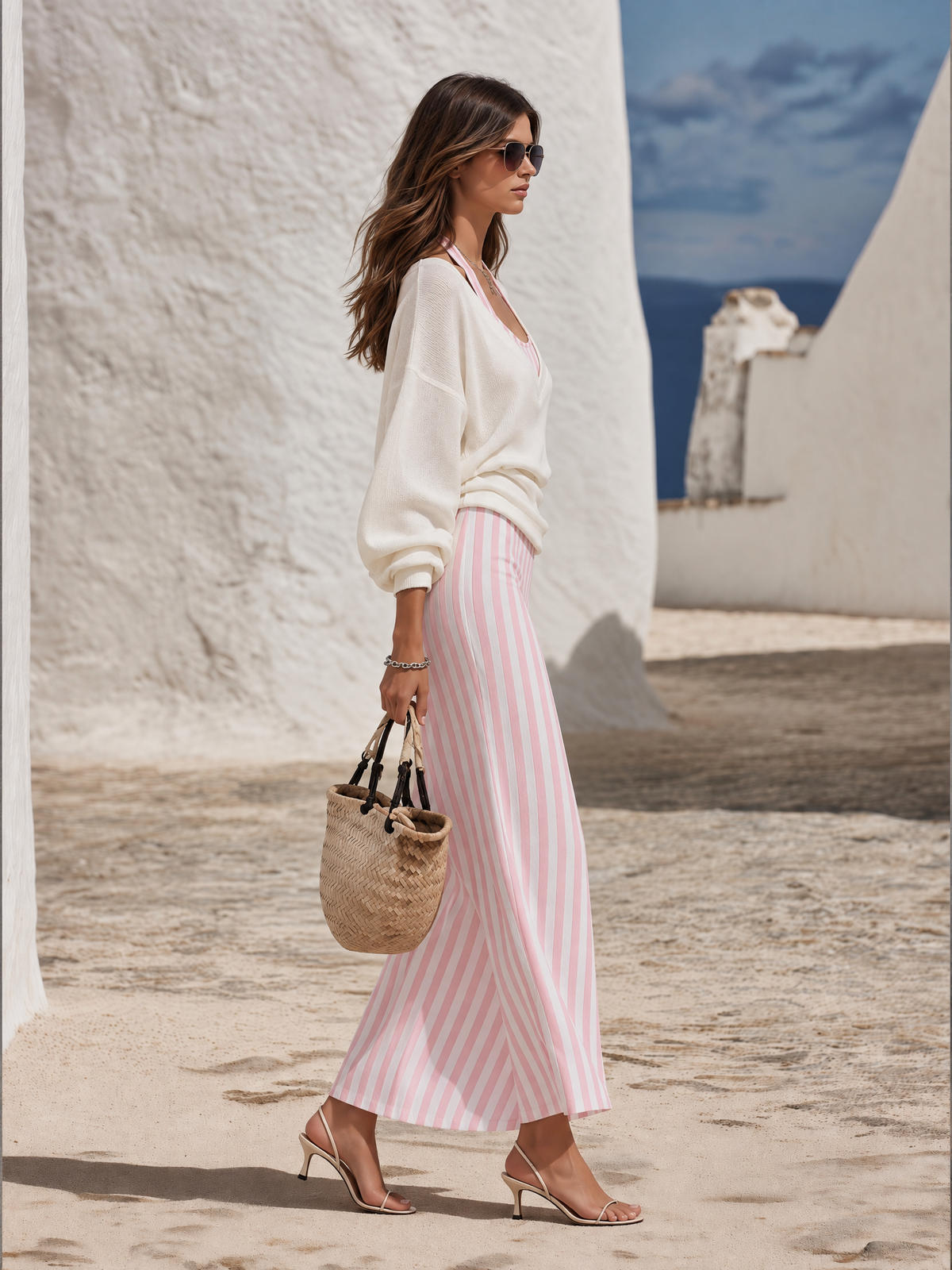 Resort-style Long-sleeve Cover-up And Striped Maxi Skirt Set