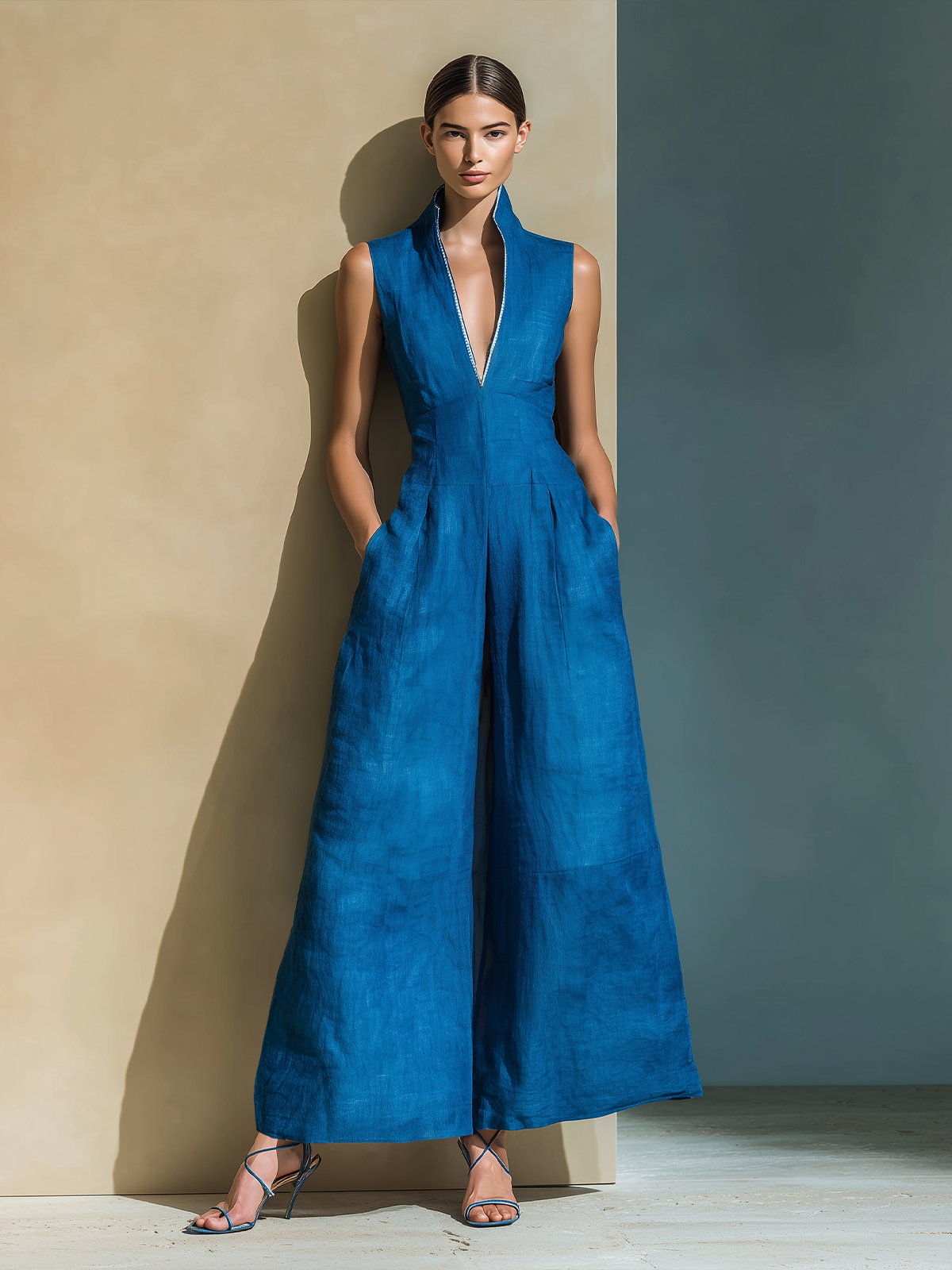 Stylish Elegant Cotton Linen Blend Royal Blue Slim-Fit V-Neck Stand Collar Sleeveless Tailored-Waist Wide Leg Jumpsuit