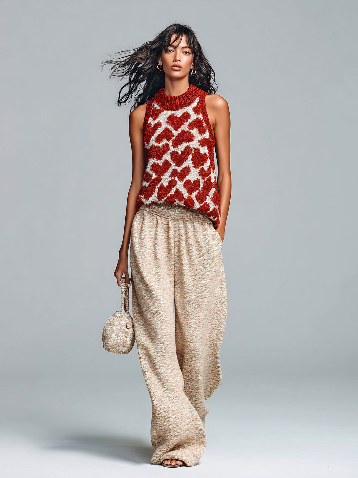 Chic Casual Red-Beige Jacquard Round Neck Sleeveless Loose-Fit Vest Wide-Leg Pants Knit Two-Piece Set