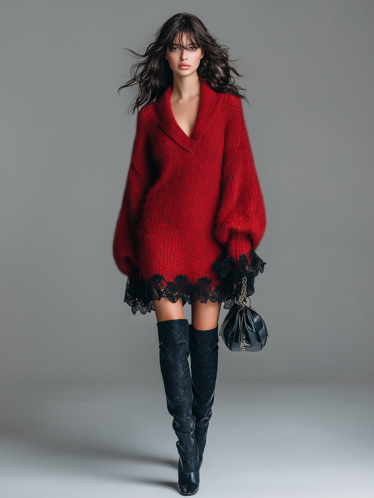 Chic Vintage Red Shawl Collar Long Lantern Sleeve Oversized Contrast Lace Hem Knit Mini Dress