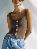 Chic Casual Brown Square Neck Sleeveless Button Details Slim-Fit Ribbed Knit Tank Top