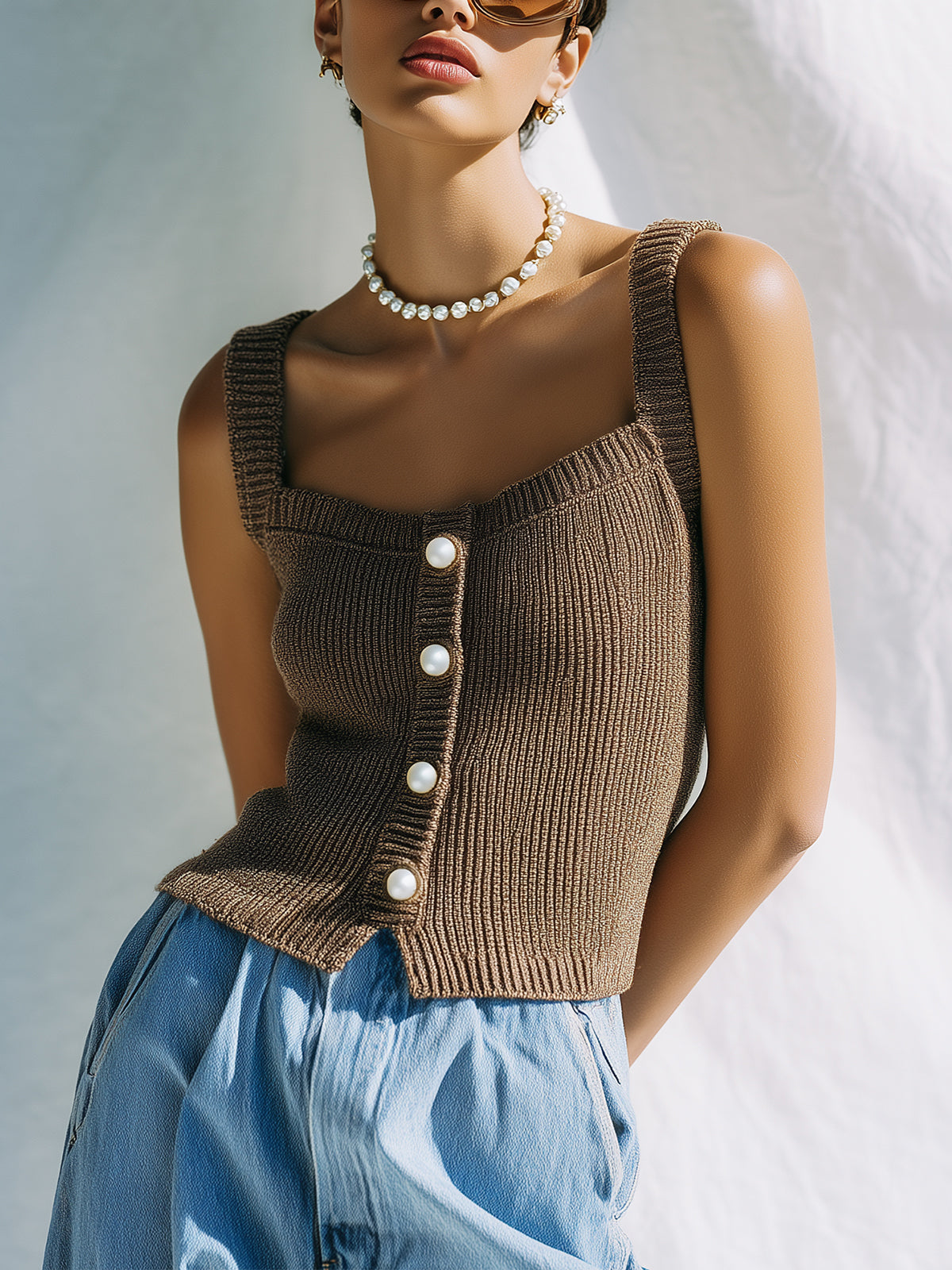 Chic Casual Brown Square Neck Sleeveless Button Details Slim-Fit Ribbed Knit Tank Top