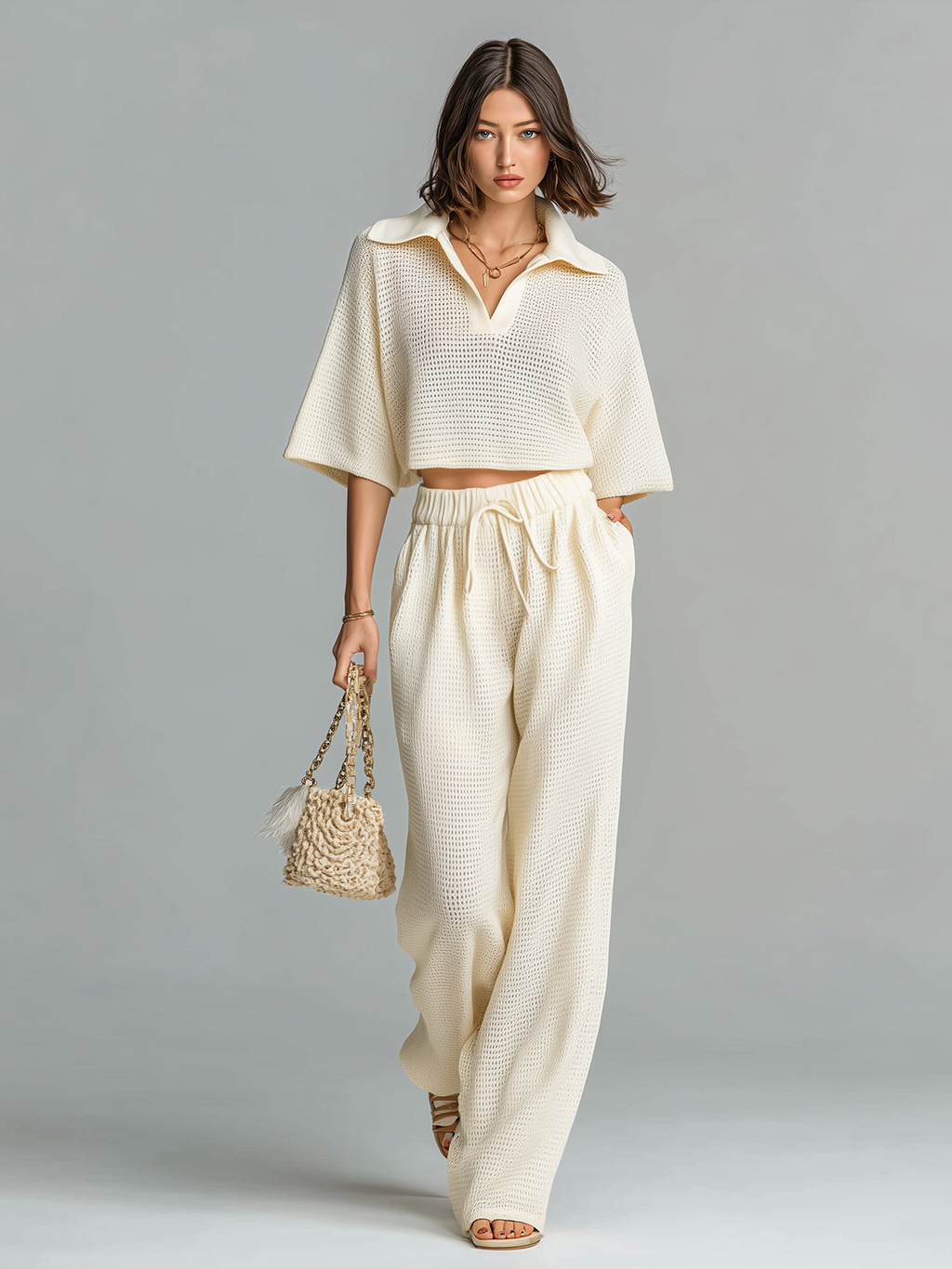Chic Elegant Beige Lapel Neck V-Neck Short-Sleeve Oversize Tops Wide-Leg Pants Mesh-Knit Two-Piece Set