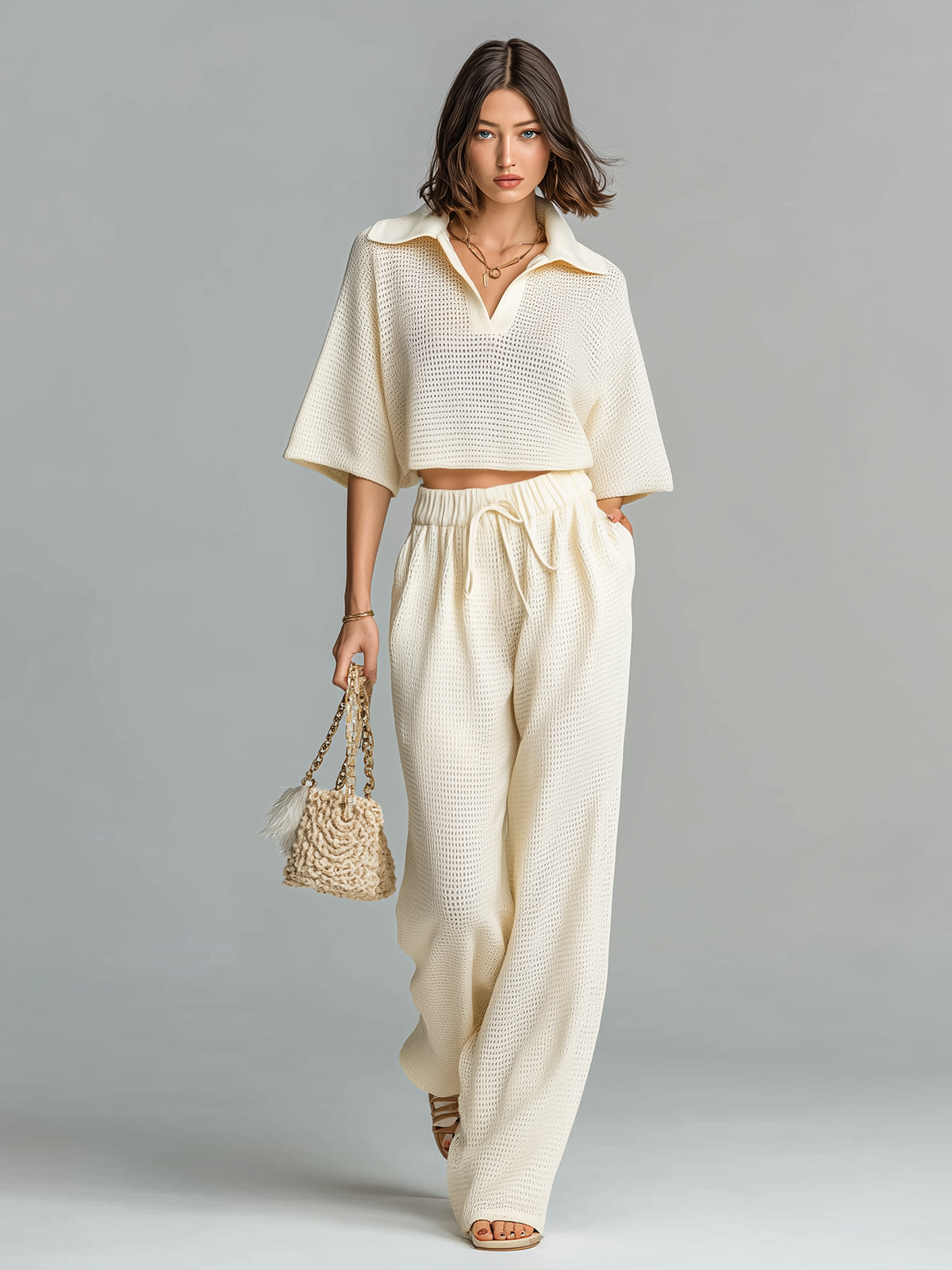 Chic Elegant Beige Lapel Neck V-Neck Short-Sleeve Oversize Tops Wide-Leg Pants Mesh-Knit Two-Piece Set