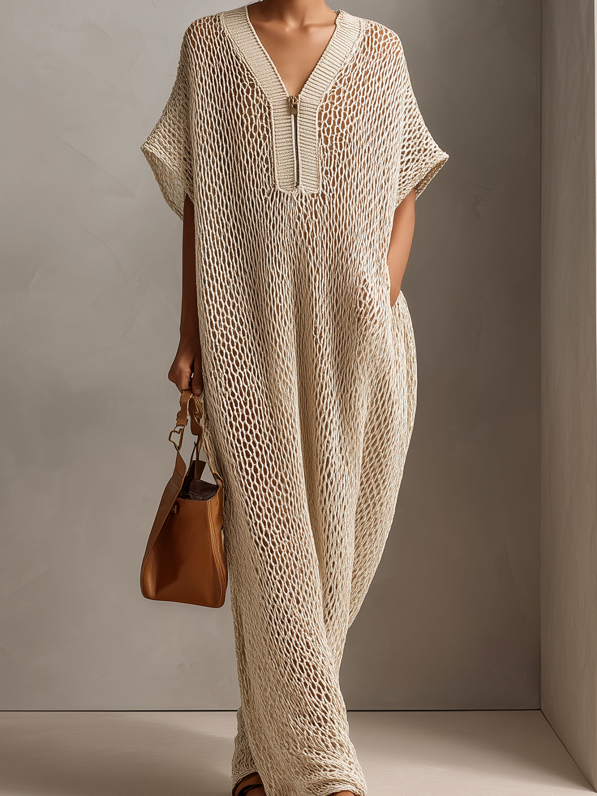 Chic Elegant Beige Zipper-Up Ribbed V-Neck Short-Sleeve Oversize Hollow Out Knit Maxi Dress